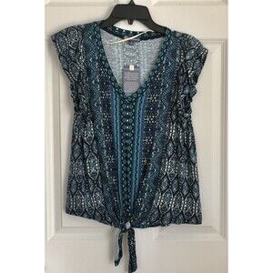 DEMOCRACY WOMEN'S TOPS SIZE SMALL V-NECK TIE FRONT FLUTTER CAP SLEEVE CASUAL